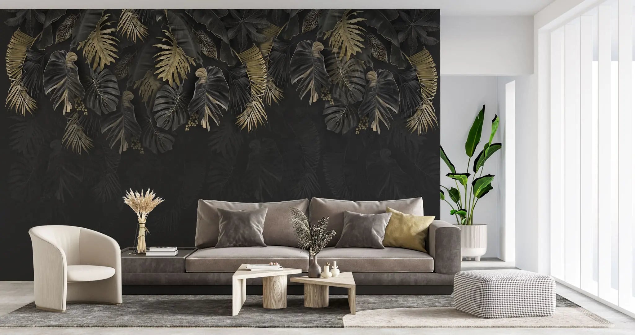 Tapet personalizat cu frunze de palmier si monstera in nuante de negru si auriu dark gold monstera