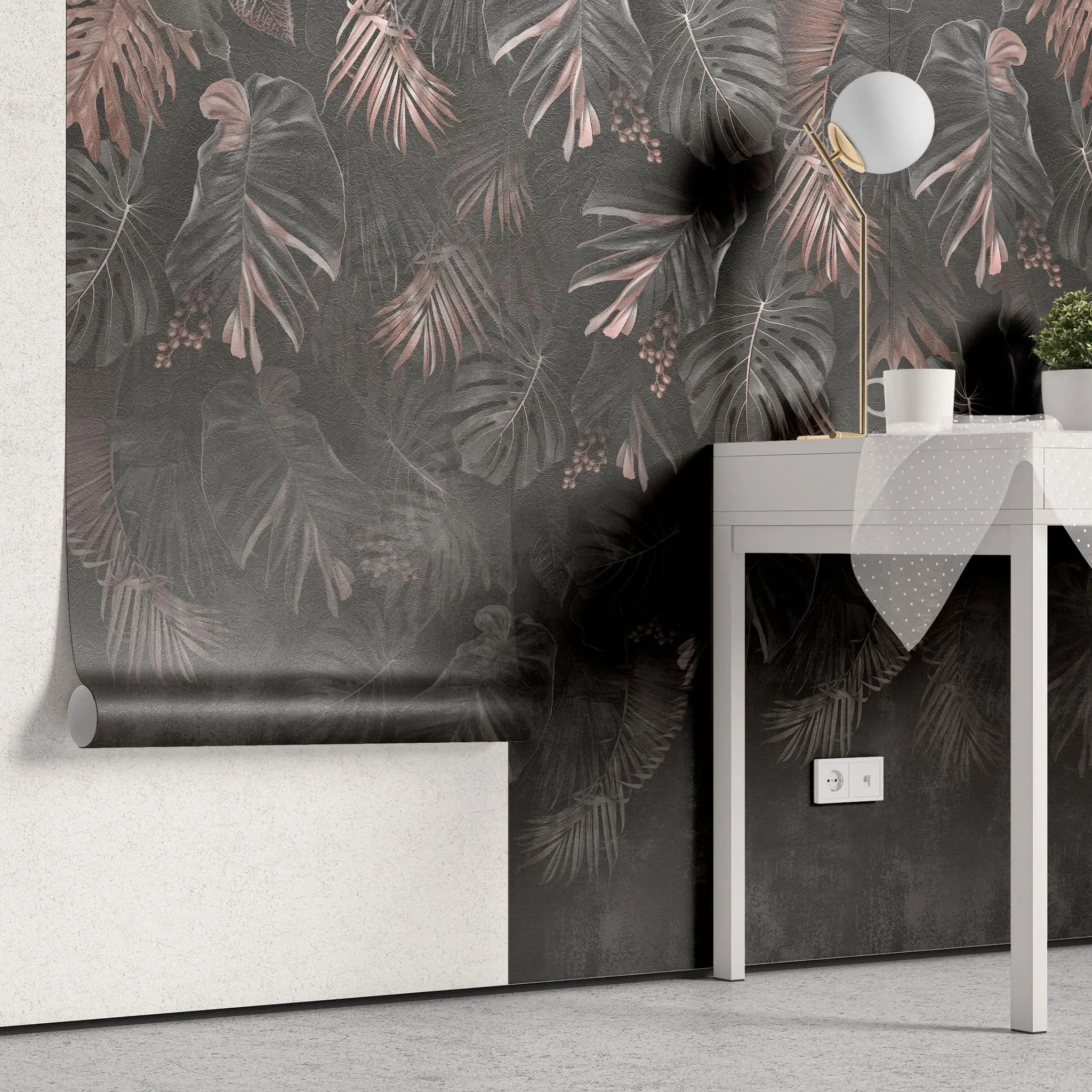 Tapet personalizat cu frunze de palmier si monstera in nuante de negru si rose dark rose monstera