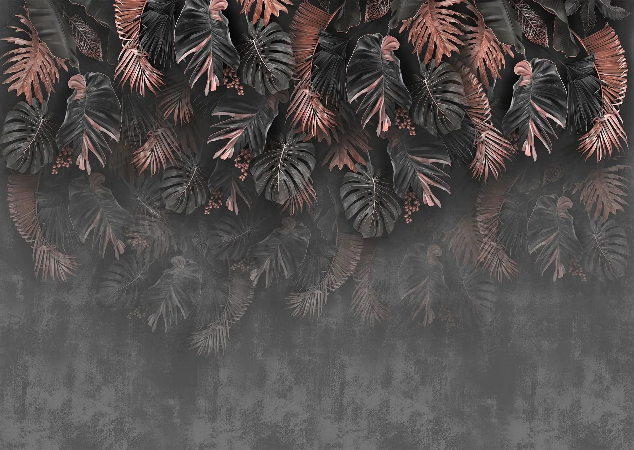 Tapet personalizat cu frunze de palmier si monstera in nuante de negru si rose dark rose monstera