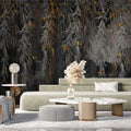 Tapet personalizat cu frunze monocrome si aurii de salcie cu fluturi galbeni dark weeping willow