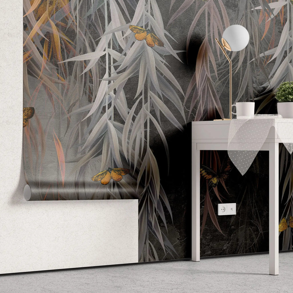 Tapet personalizat cu frunze monocrome si aurii de salcie cu fluturi galbeni dark weeping willow
