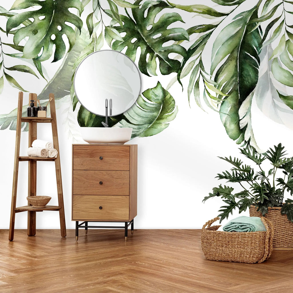 Tapet personalizat cu frunze tropicale de palmier si bananier in stil watercolor faded leaves