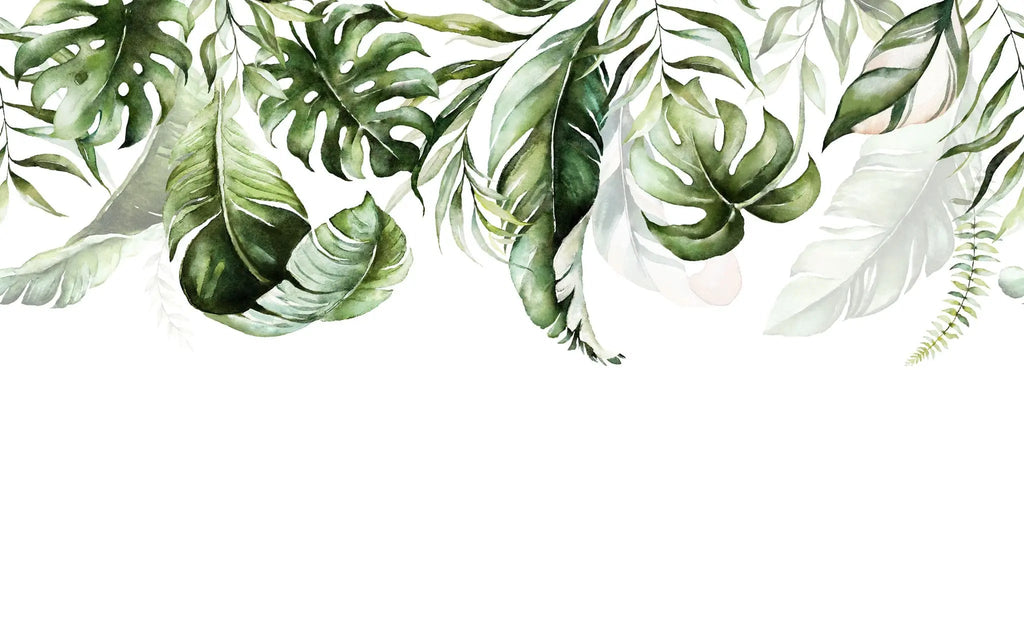 Tapet personalizat cu frunze tropicale de palmier si bananier in stil watercolor faded leaves