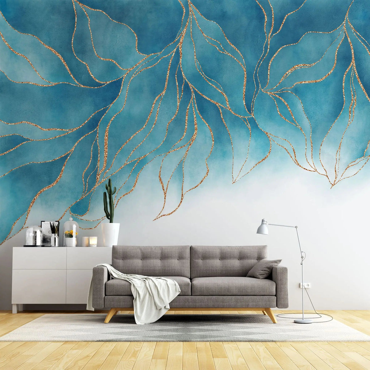Tapet personalizat cu frunze albastre conturate cu auriu sclipitor glitter leaves