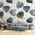 Tapet personalizat cu frunze multicolore de tei in nuante de albastru verde aramiu linden mural