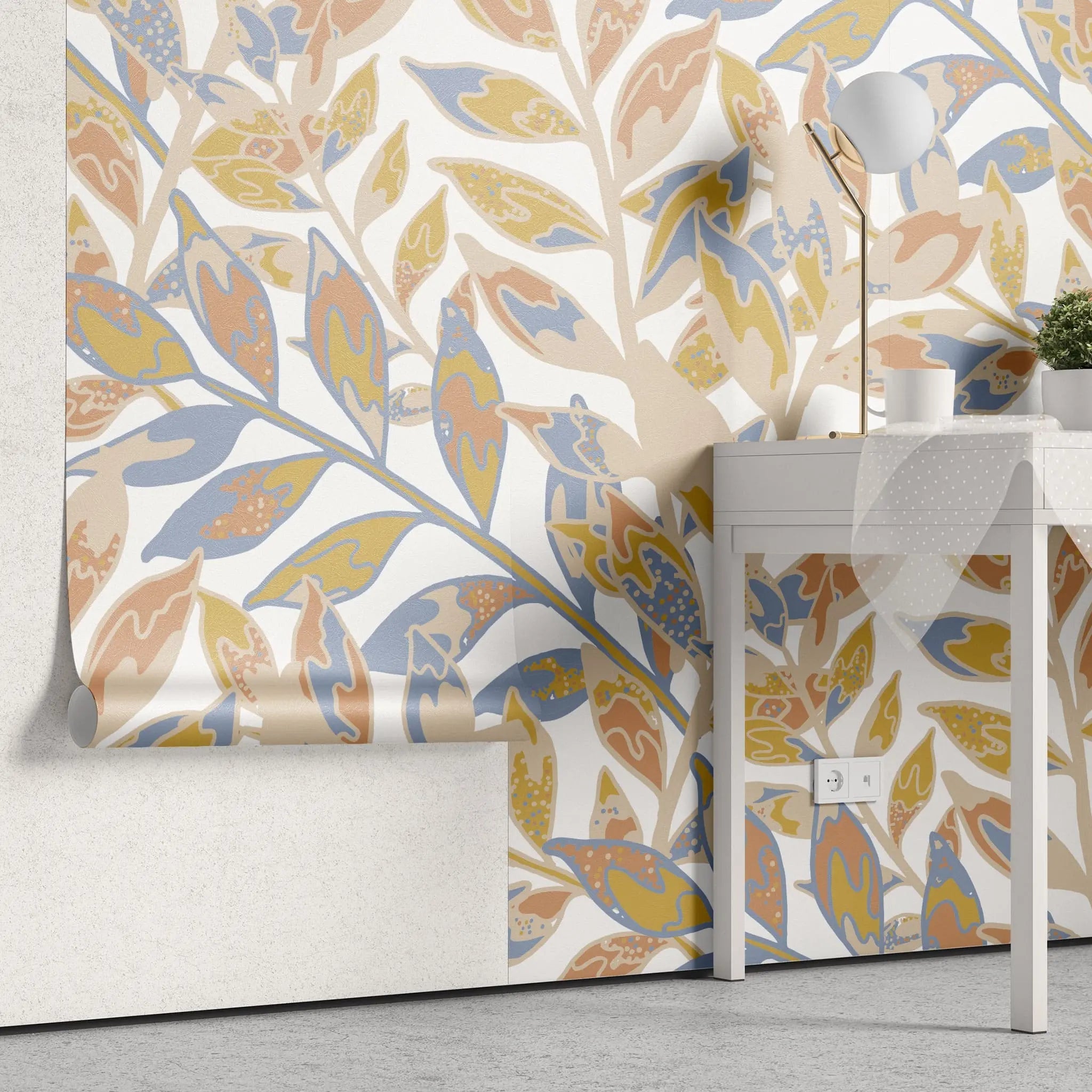 Tapet personalizat cu frunze multicolore pe fundal alb sunny leaves
