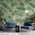 Tapet personalizat cu frunze tropicale de palmier si pasari exotice jacamar pe un fundal verde wildlife jacamar