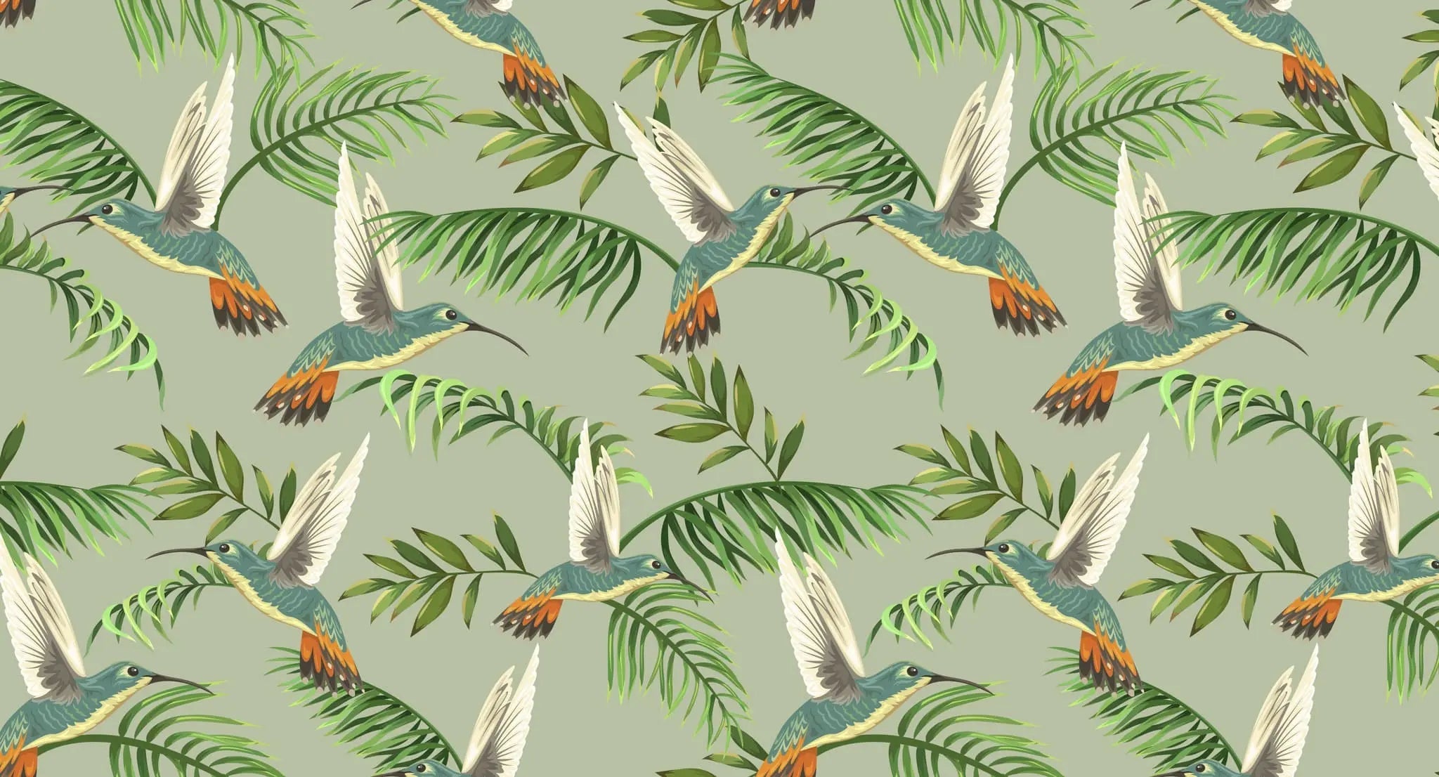 Tapet personalizat cu frunze tropicale de palmier si pasari exotice jacamar pe un fundal verde wildlife jacamar