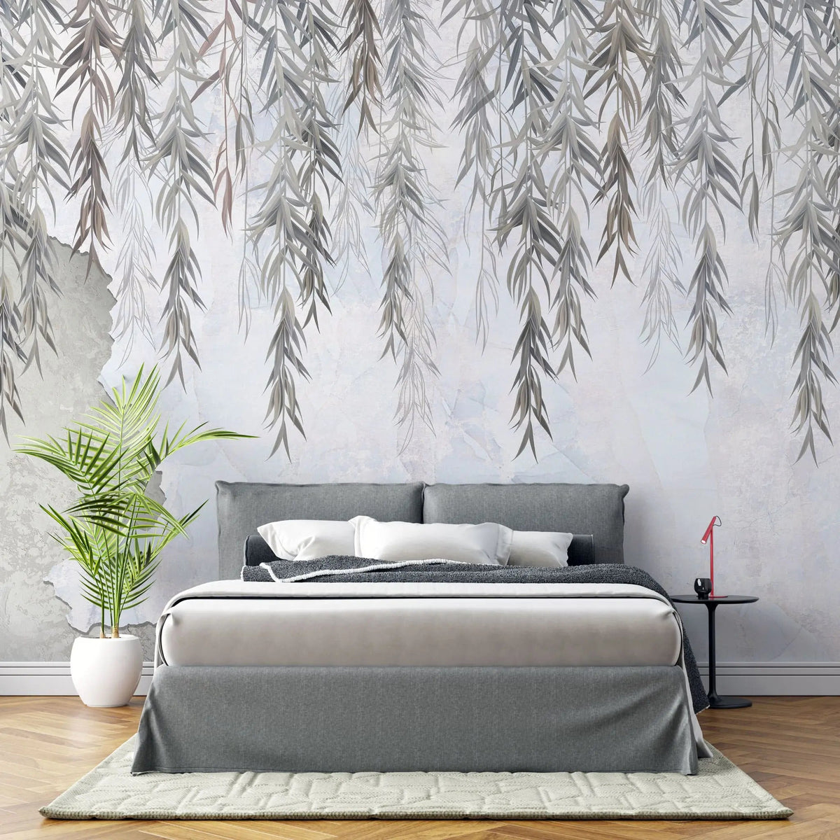 Tapet personalizat leaf cu salcie in tonuri gri pe perete de beton concrete weeping willow