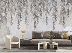 Tapet personalizat leaf cu salcie in tonuri gri pe perete de beton concrete weeping willow