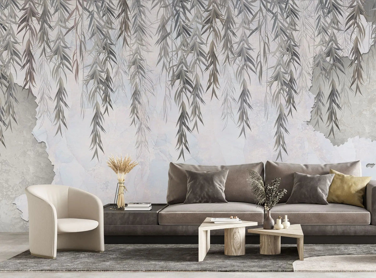 Tapet personalizat leaf cu salcie in tonuri gri pe perete de beton concrete weeping willow
