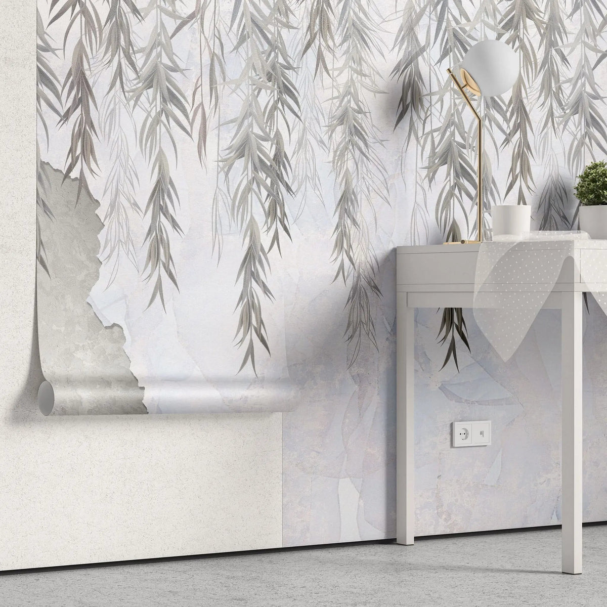 Tapet personalizat leaf cu salcie in tonuri gri pe perete de beton concrete weeping willow