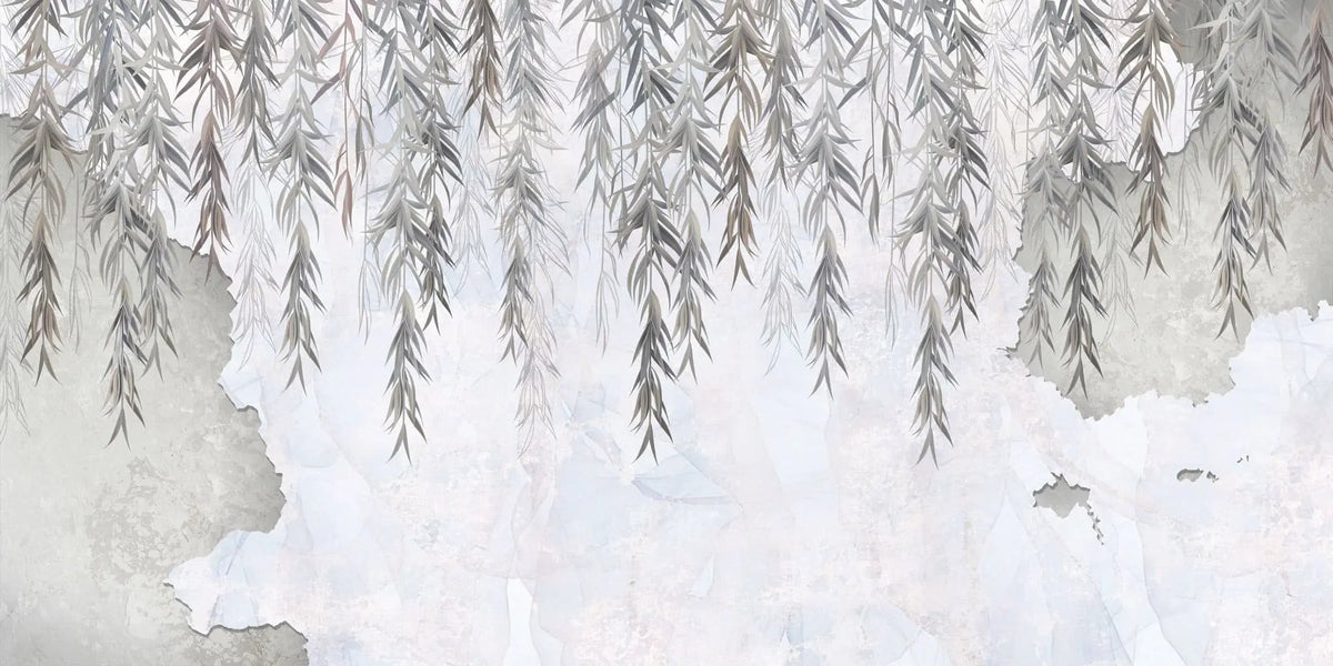 Tapet personalizat leaf cu salcie in tonuri gri pe perete de beton concrete weeping willow