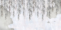 Tapet personalizat leaf cu salcie in tonuri gri pe perete de beton concrete weeping willow