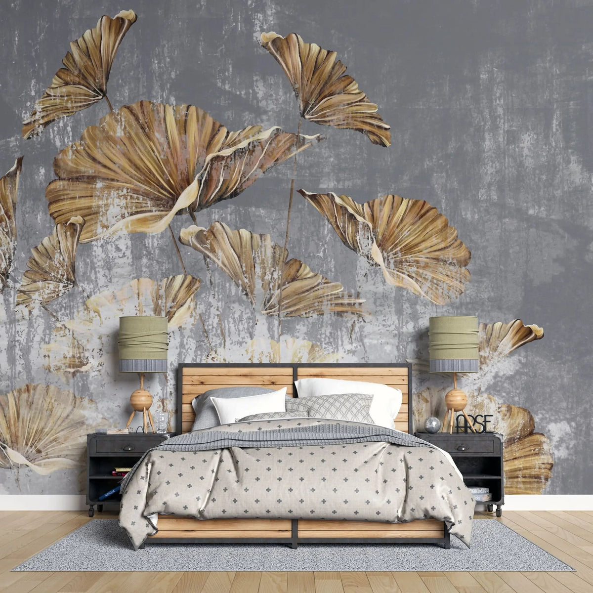 Tapet personalizat leaf cu frunze aurii pe un perete texturat gri golden leaves