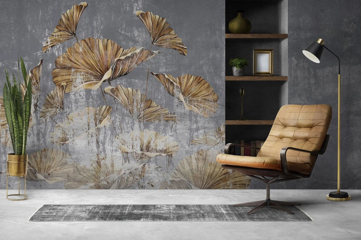 Tapet personalizat leaf cu frunze aurii pe un perete texturat gri golden leaves