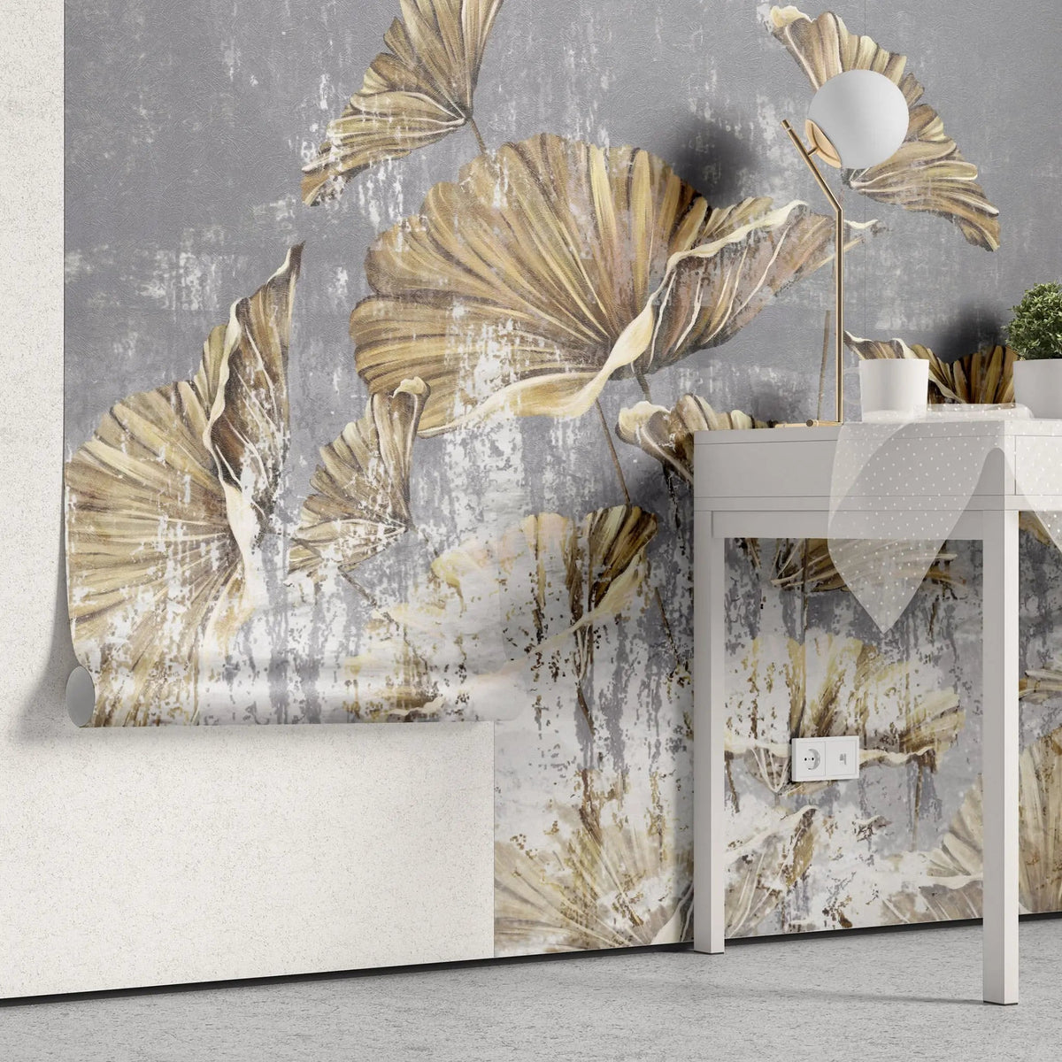 Tapet personalizat leaf cu frunze aurii pe un perete texturat gri golden leaves