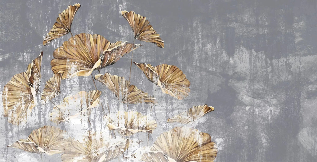 Tapet personalizat leaf cu frunze aurii pe un perete texturat gri golden leaves