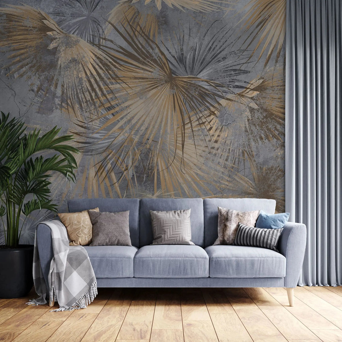 Tapet personalizat leaf cu frunze de palmier aramii pe un fundal inchis grunge palm leaves