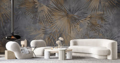 Tapet personalizat leaf cu frunze de palmier aramii pe un fundal inchis grunge palm leaves