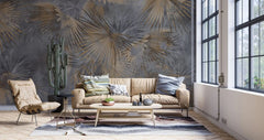 Tapet personalizat leaf cu frunze de palmier aramii pe un fundal inchis grunge palm leaves
