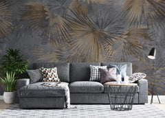 Tapet personalizat leaf cu frunze de palmier aramii pe un fundal inchis grunge palm leaves