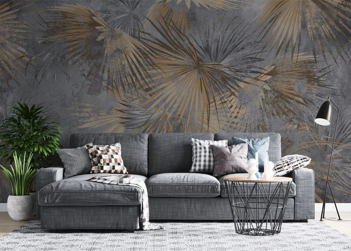 Tapet personalizat leaf cu frunze de palmier aramii pe un fundal inchis grunge palm leaves