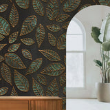 Tapet personalizat leaf cu frunze verde smarald texturate si conturate in relierf cu auriu textured emerald leaves