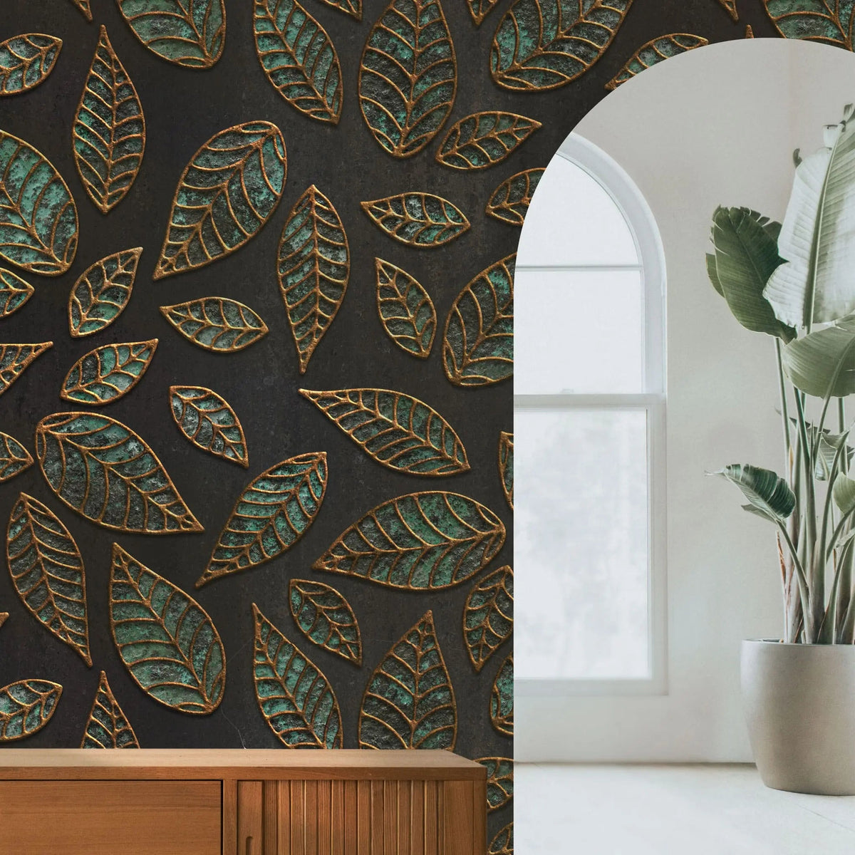 Tapet personalizat leaf cu frunze verde smarald texturate si conturate in relierf cu auriu textured emerald leaves