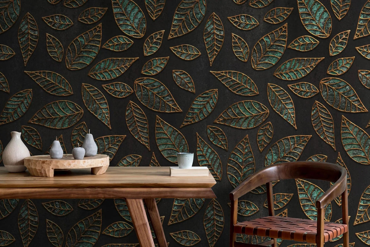 Tapet personalizat leaf cu frunze verde smarald texturate si conturate in relierf cu auriu textured emerald leaves