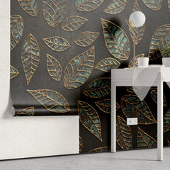 Tapet personalizat leaf cu frunze verde smarald texturate si conturate in relierf cu auriu textured emerald leaves