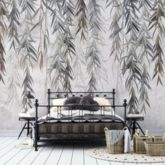 Tapet personalizat leaf cu ramuri de salcie gri pe un fundal texturat grey weeping willow