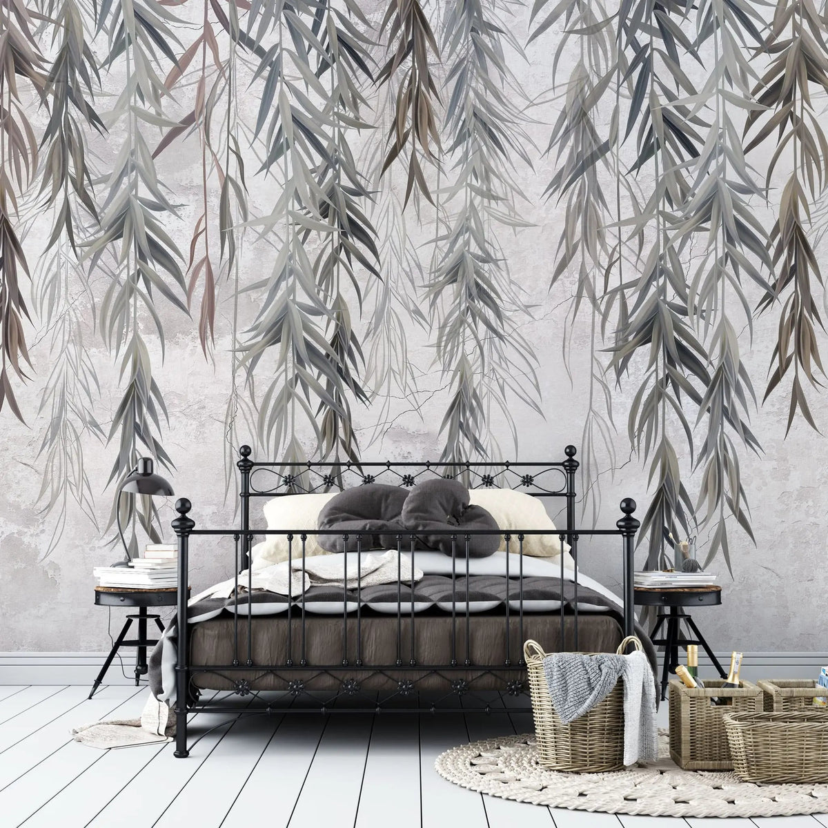 Tapet personalizat leaf cu ramuri de salcie gri pe un fundal texturat grey weeping willow