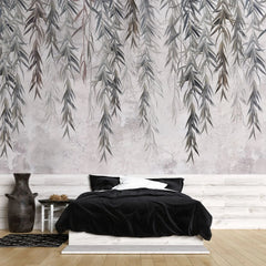 Tapet personalizat leaf cu ramuri de salcie gri pe un fundal texturat grey weeping willow