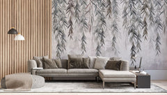 Tapet personalizat leaf cu ramuri de salcie gri pe un fundal texturat grey weeping willow