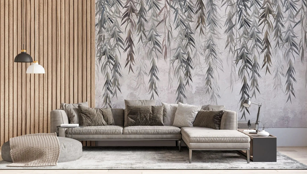 Tapet personalizat leaf cu ramuri de salcie gri pe un fundal texturat grey weeping willow