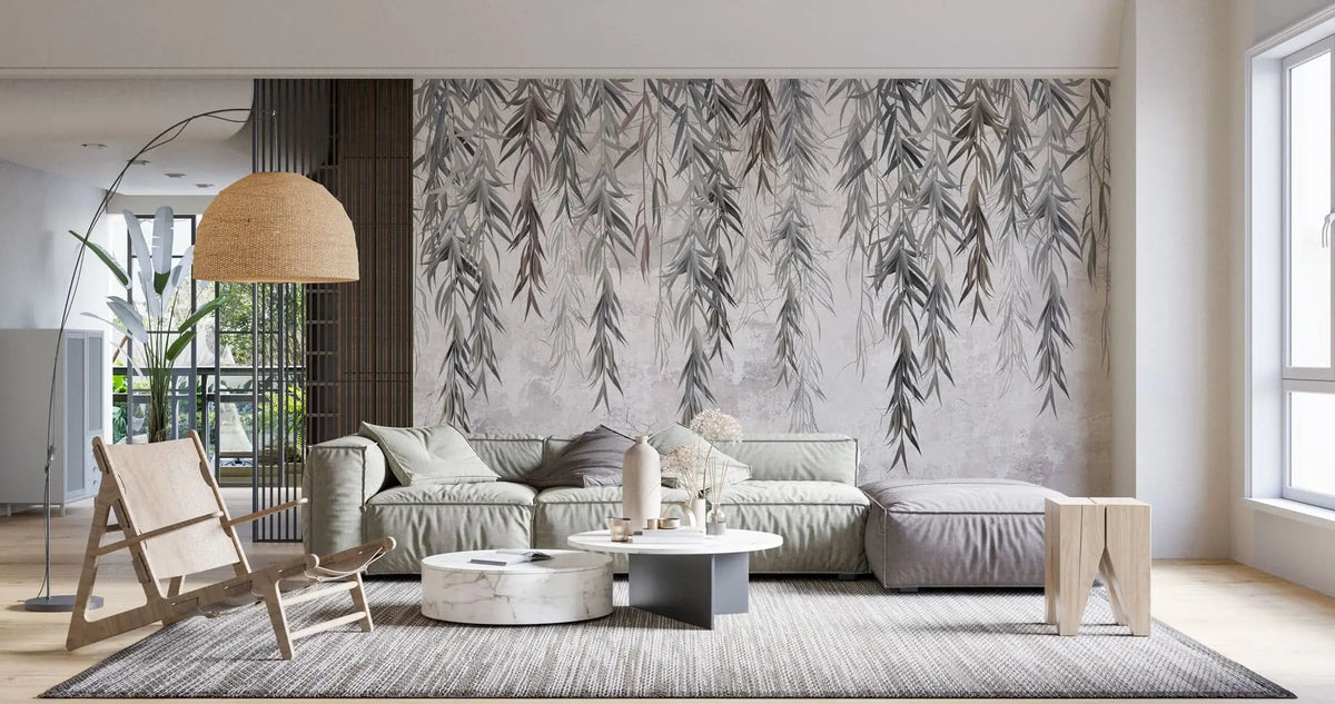 Tapet personalizat leaf cu ramuri de salcie gri pe un fundal texturat grey weeping willow
