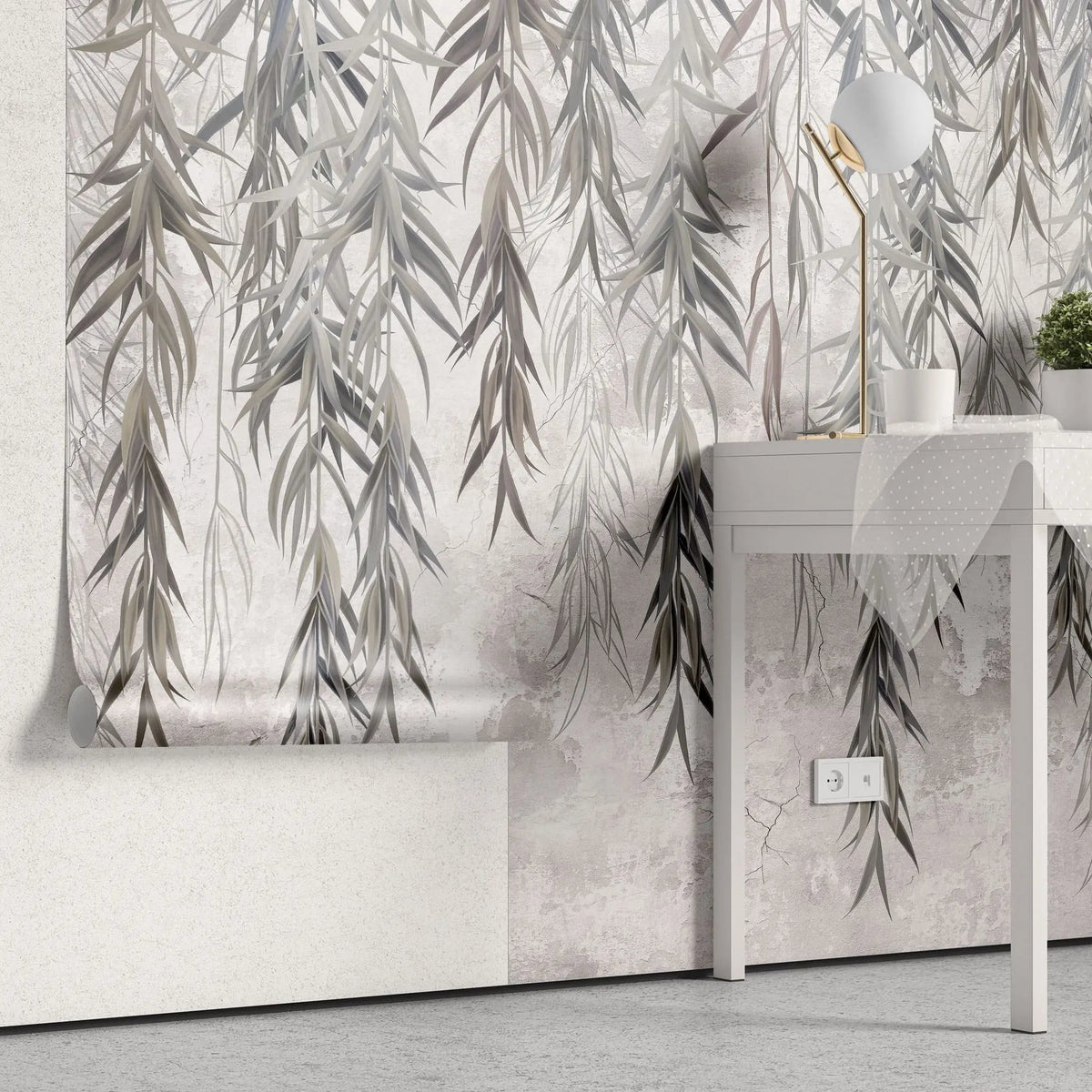 Tapet personalizat leaf cu ramuri de salcie gri pe un fundal texturat grey weeping willow
