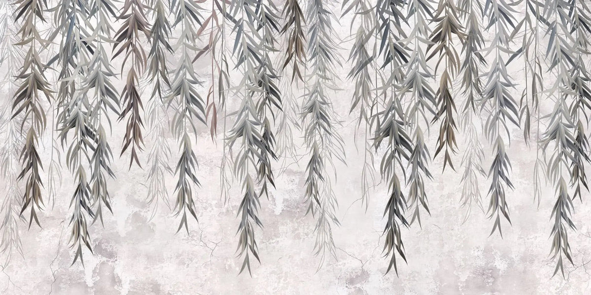 Tapet personalizat leaf cu ramuri de salcie gri pe un fundal texturat grey weeping willow