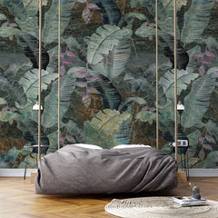 Tapet personalizat leaf cu frunze tropicale in tonuri inchise tropical dark leaves