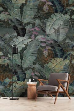 Tapet personalizat leaf cu frunze tropicale in tonuri inchise tropical dark leaves
