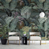 Tapet personalizat leaf cu frunze tropicale in tonuri inchise tropical dark leaves