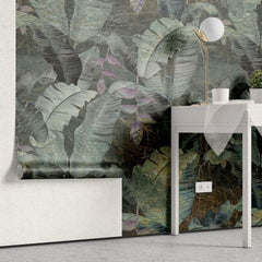 Tapet personalizat leaf cu frunze tropicale in tonuri inchise tropical dark leaves