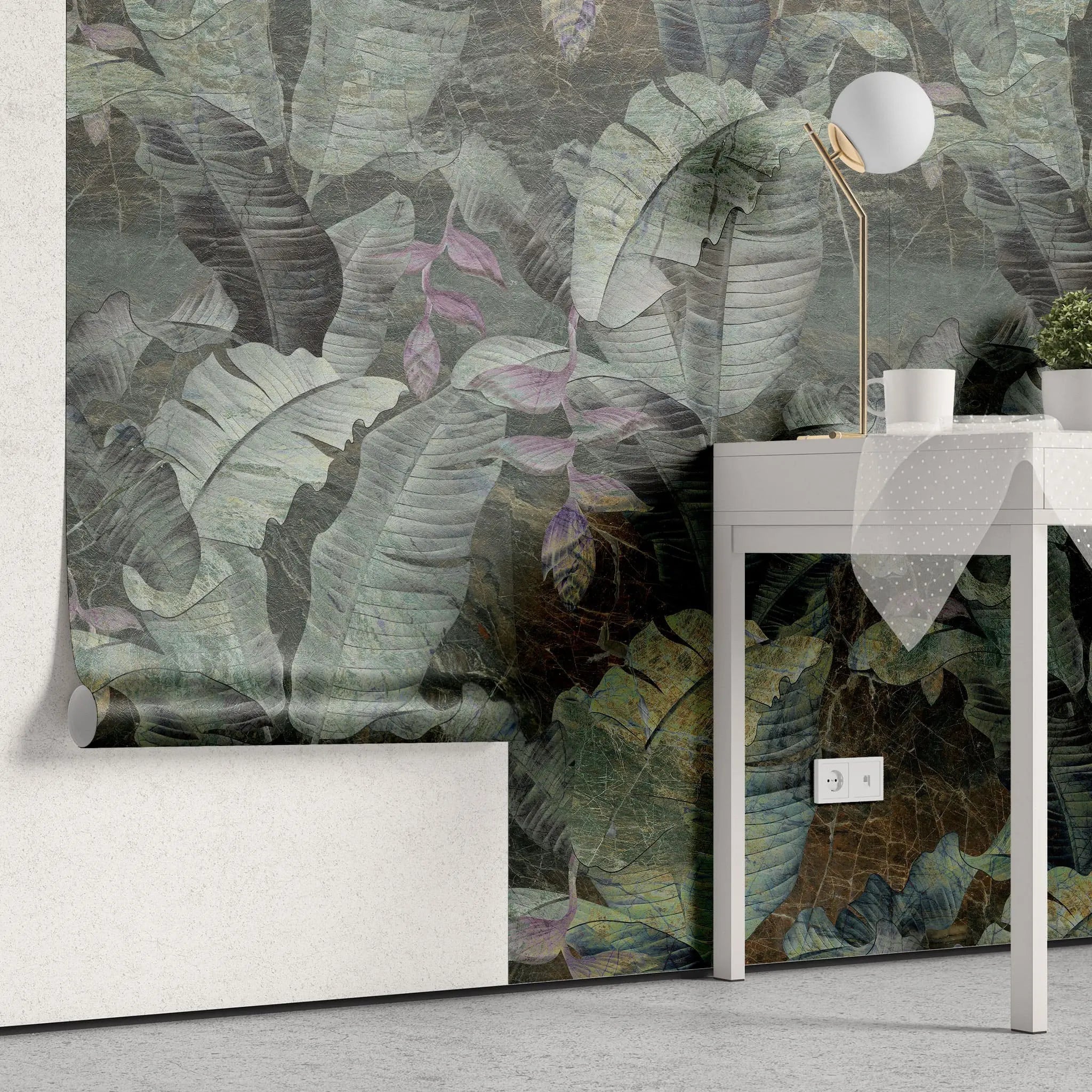 Tapet personalizat leaf cu frunze tropicale in tonuri inchise tropical dark leaves