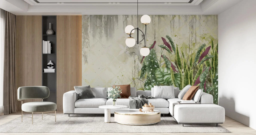 Tapet personalizat leaf cu frunze de begonie si alocasia pe un perete degradat begonia wall 