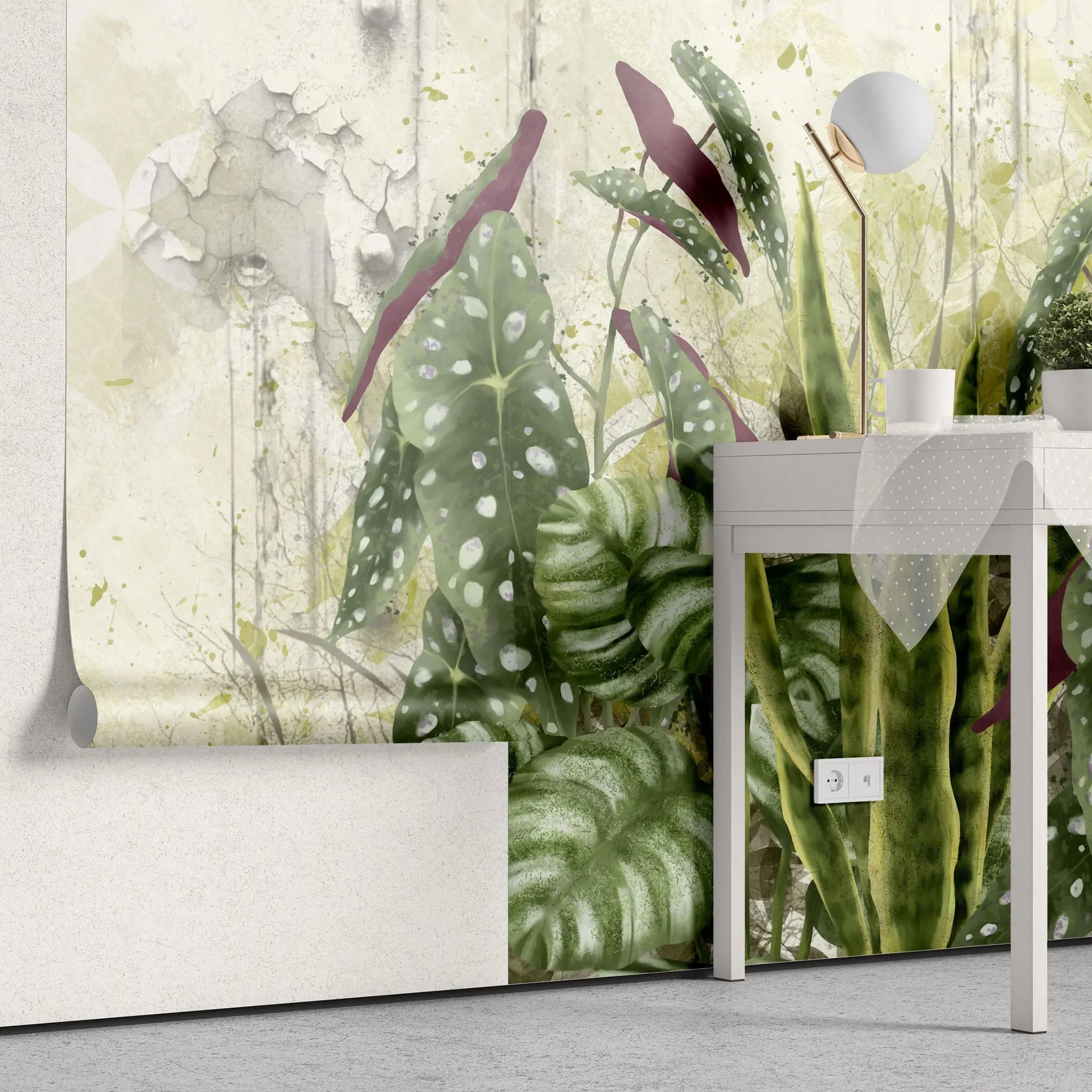 Tapet personalizat leaf cu frunze de begonie si alocasia pe un perete degradat begonia wall 
