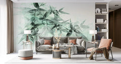 Tapet personalizat leaf cu frunze de bambus in nuante de verde menta pe fundal alb mint bamboo