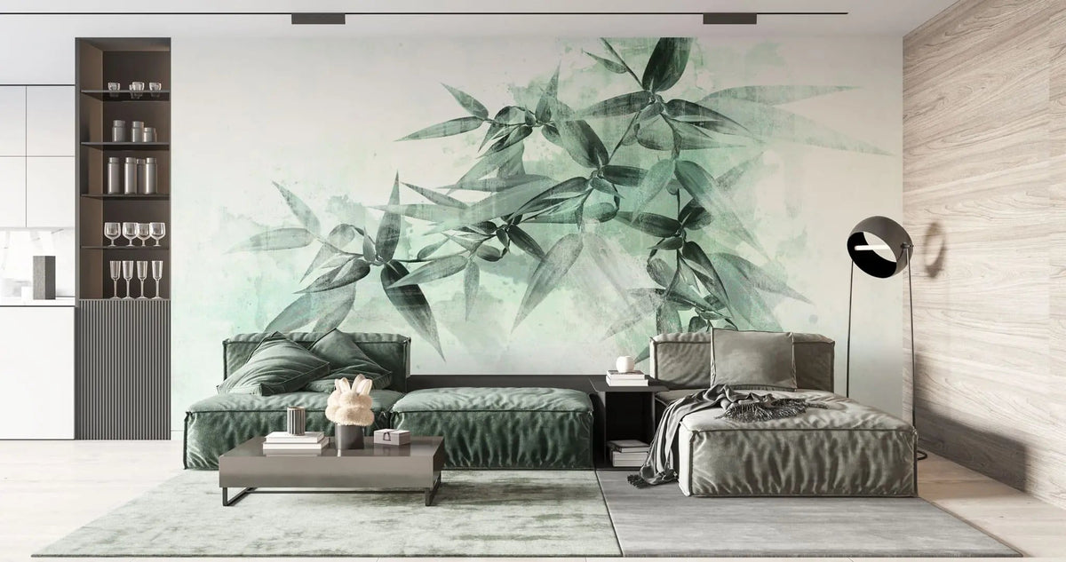 Tapet personalizat leaf cu frunze de bambus in nuante de verde menta pe fundal alb mint bamboo