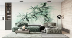 Tapet personalizat leaf cu frunze de bambus in nuante de verde menta pe fundal alb mint bamboo