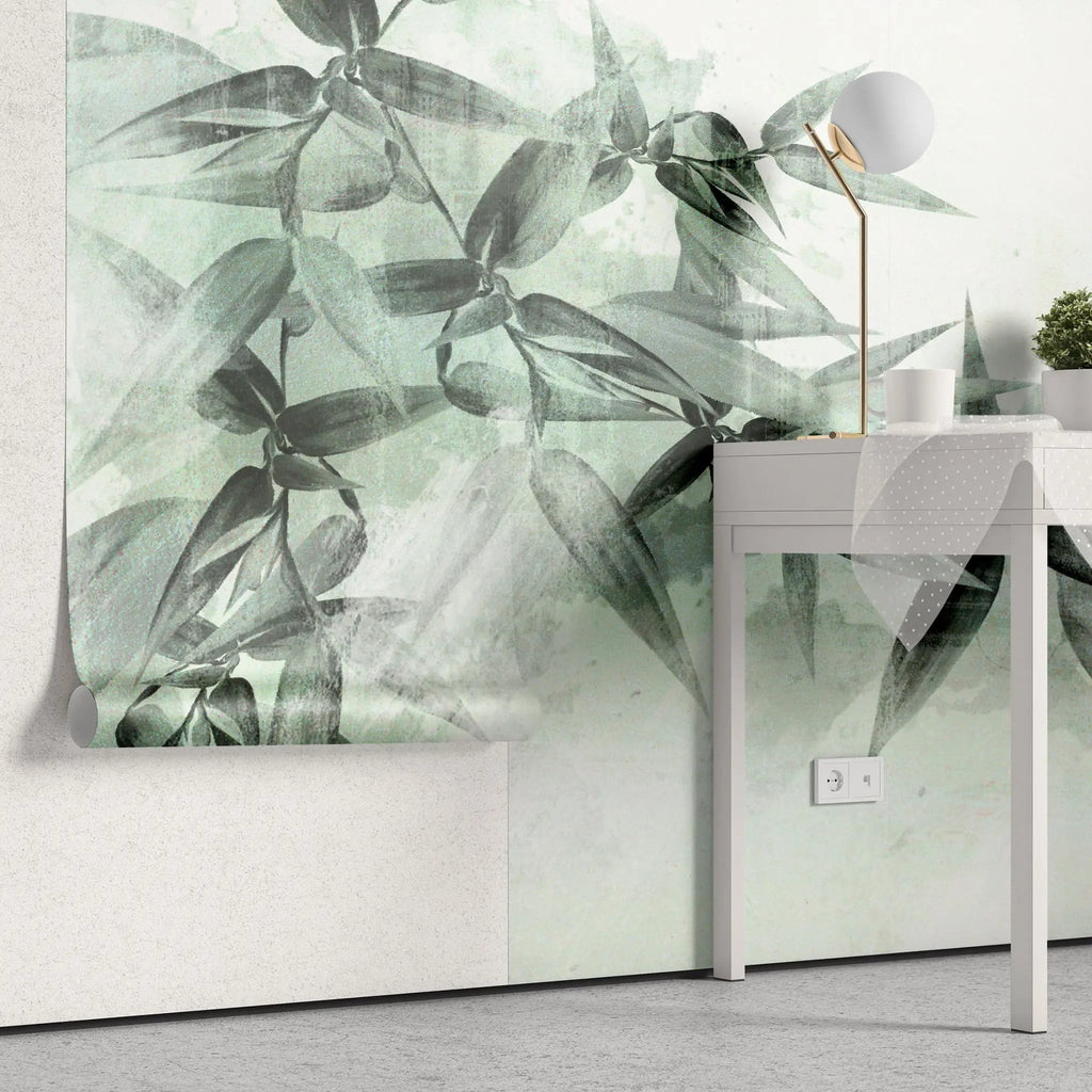 Tapet personalizat leaf cu frunze de bambus in nuante de verde menta pe fundal alb mint bamboo